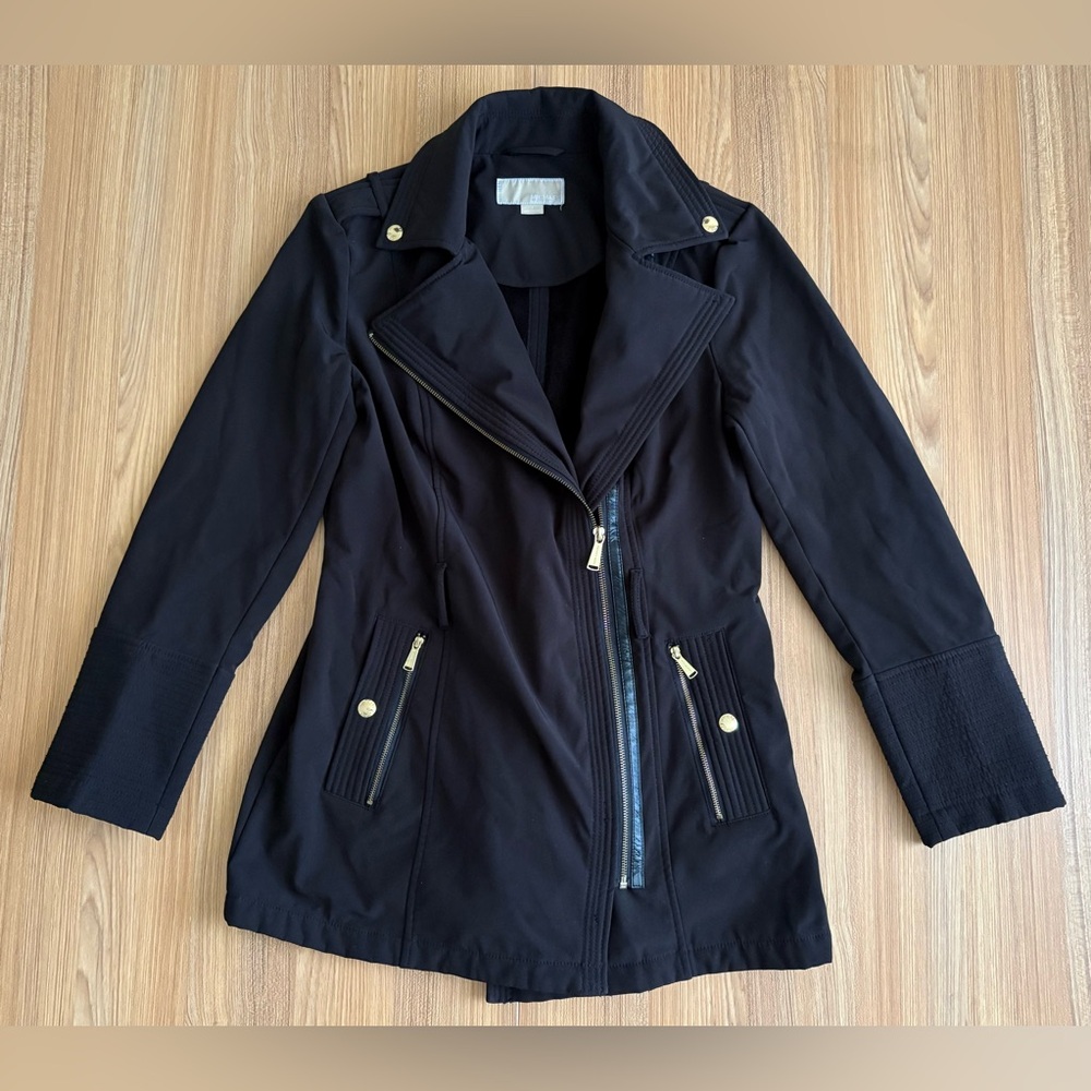 Michael Michael Kors Asymmetric Zip Fleece Lined Trench Jacket Black Womens S